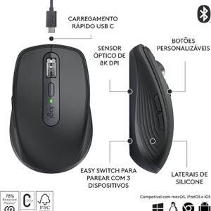 Mouse sem fio Logitech MX Anywhere 3S Compacto Recarregável Conexão Bluetooth - Cinza Claro Graphite Rosa